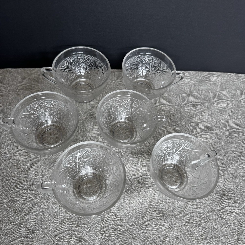 Set of 6 Vintage Anchor Hocking Sandwich Clear Depression Glass Floral Cups - Picture 3 of 7